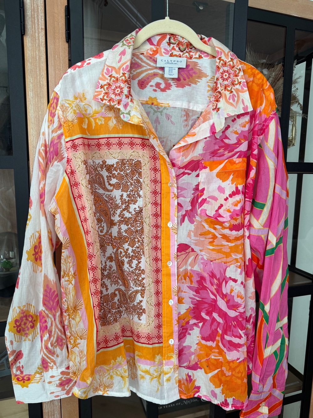 Calypso St. Barth button down shirt vibrant patchwork mixed print floral paisley - Picture 6 of 8
